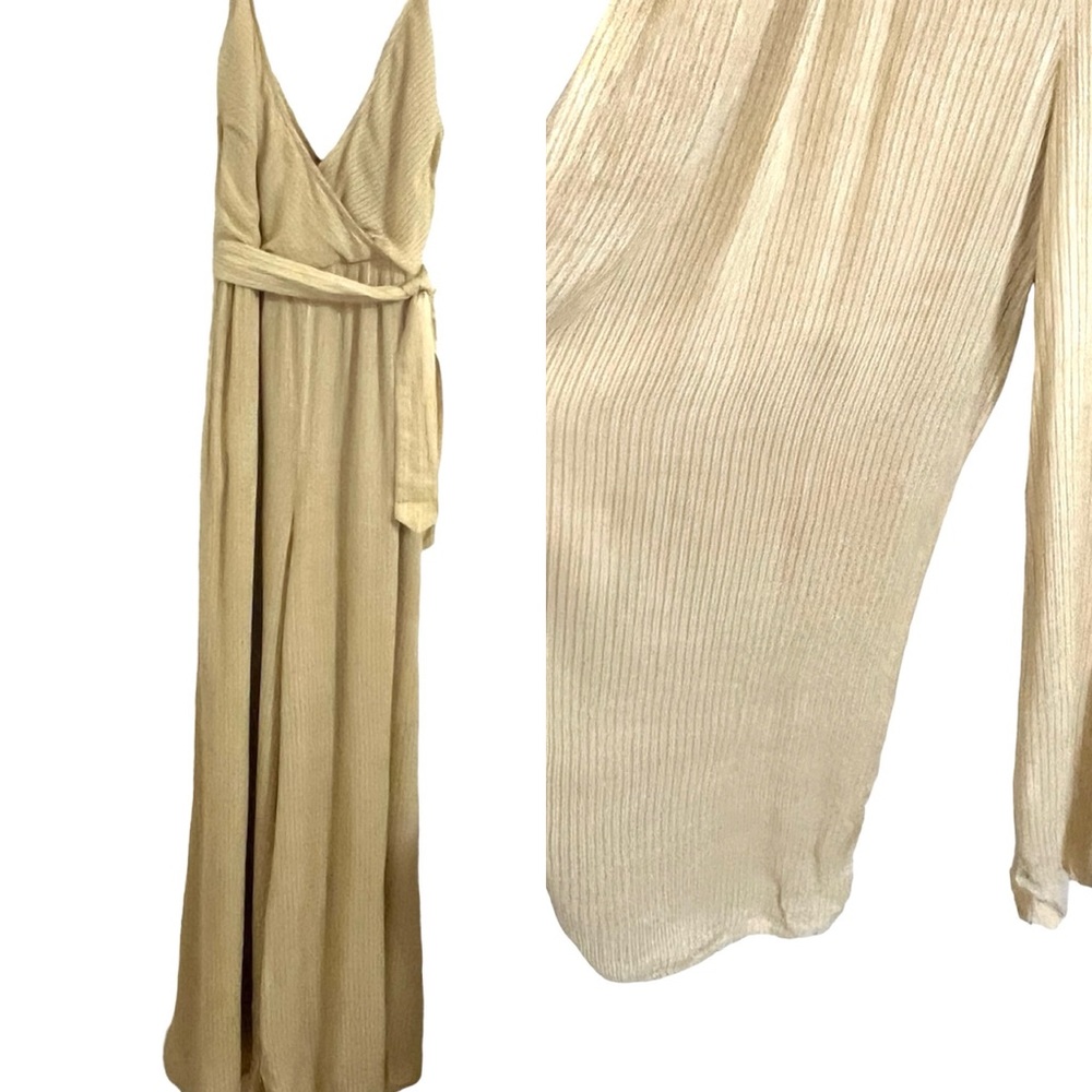 Vacate the Label Yellow While Striped Jumpsuit Romper V-Neck Wide Leg Size M
